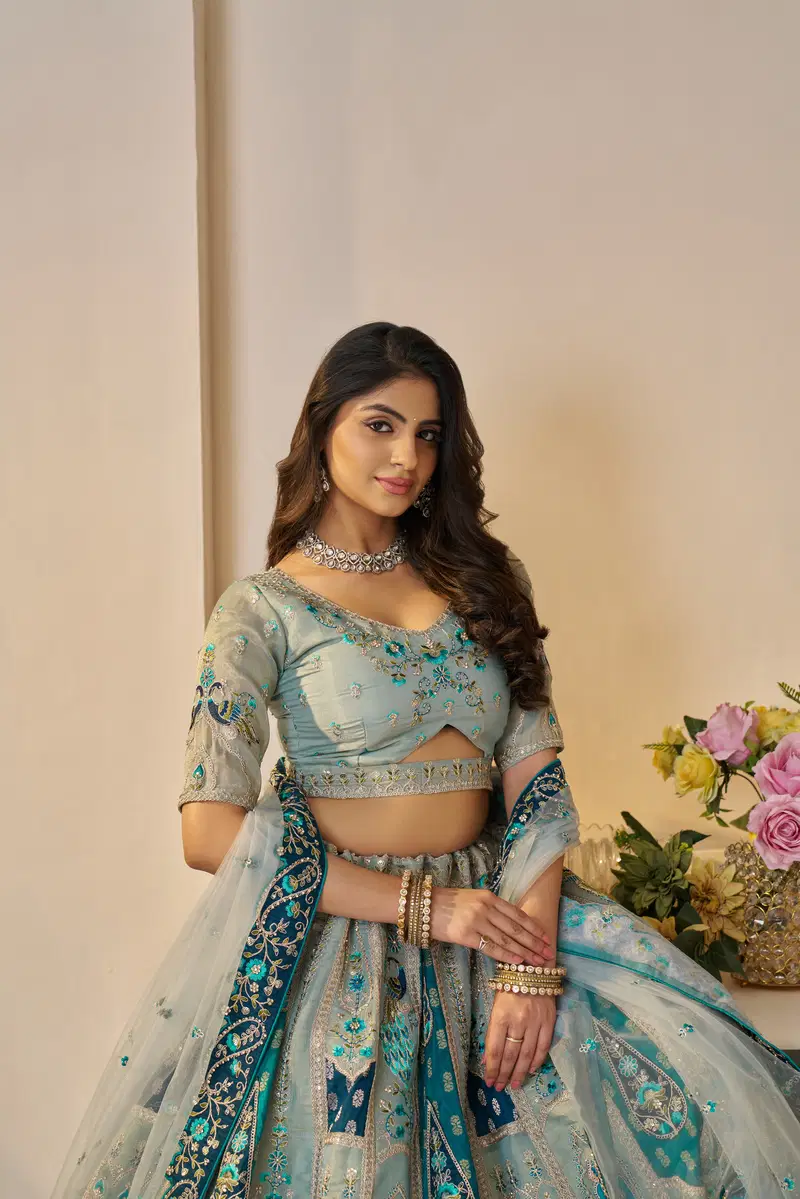 Kf 492 Sky Blue Banarasi Silk Indian Bridal Lehenga Wholesale Online